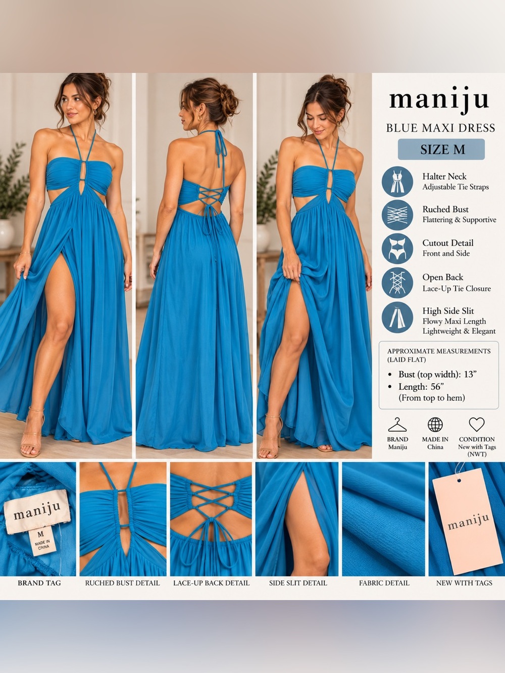 Blue Halter Maxi Dress - Cutout Ruched Bust, Open Lace-Up Back (Size M)